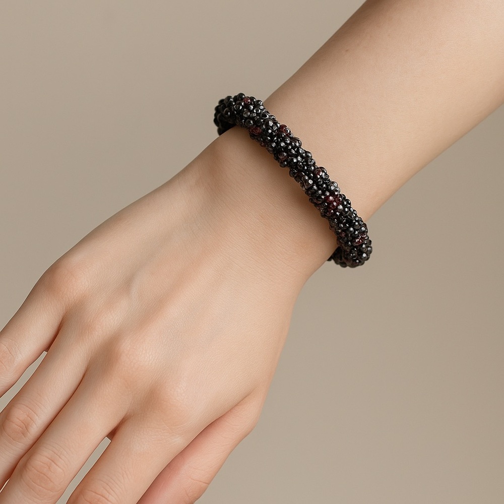 3/25 Chunky Beaded Bracelet Purple Silver Black Spiral Seed Beads Magnetic Clasp